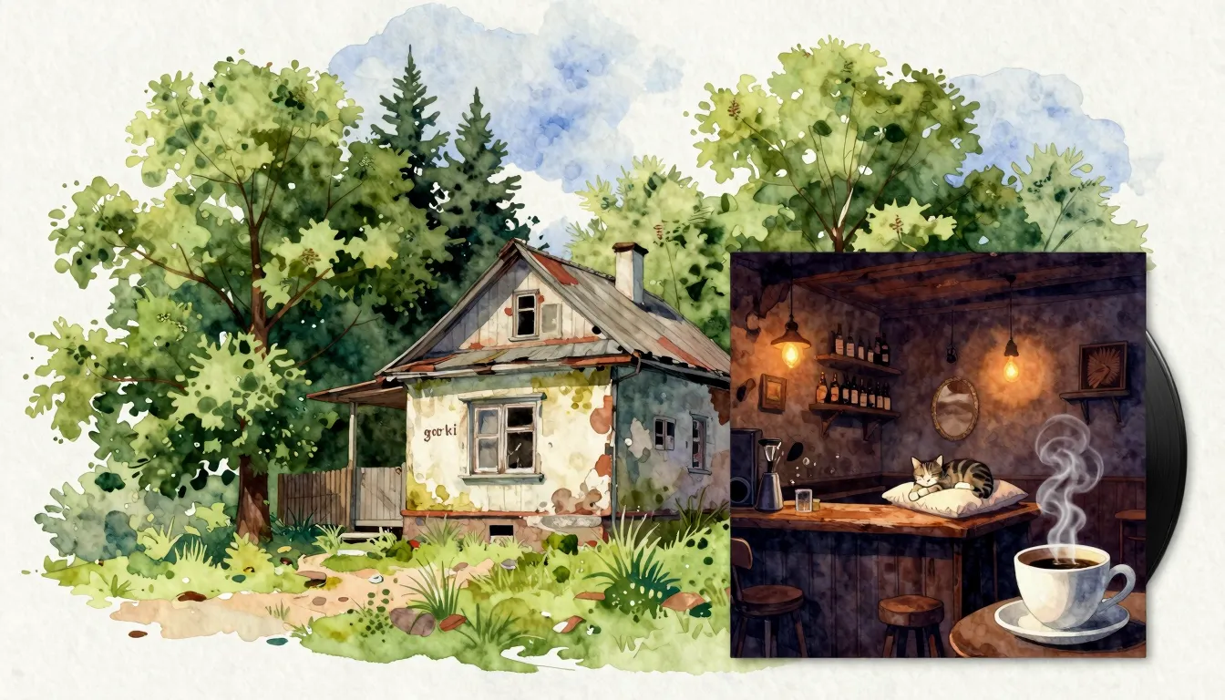 Vibrant watercolor style. Old, slightly dilapidated house on...