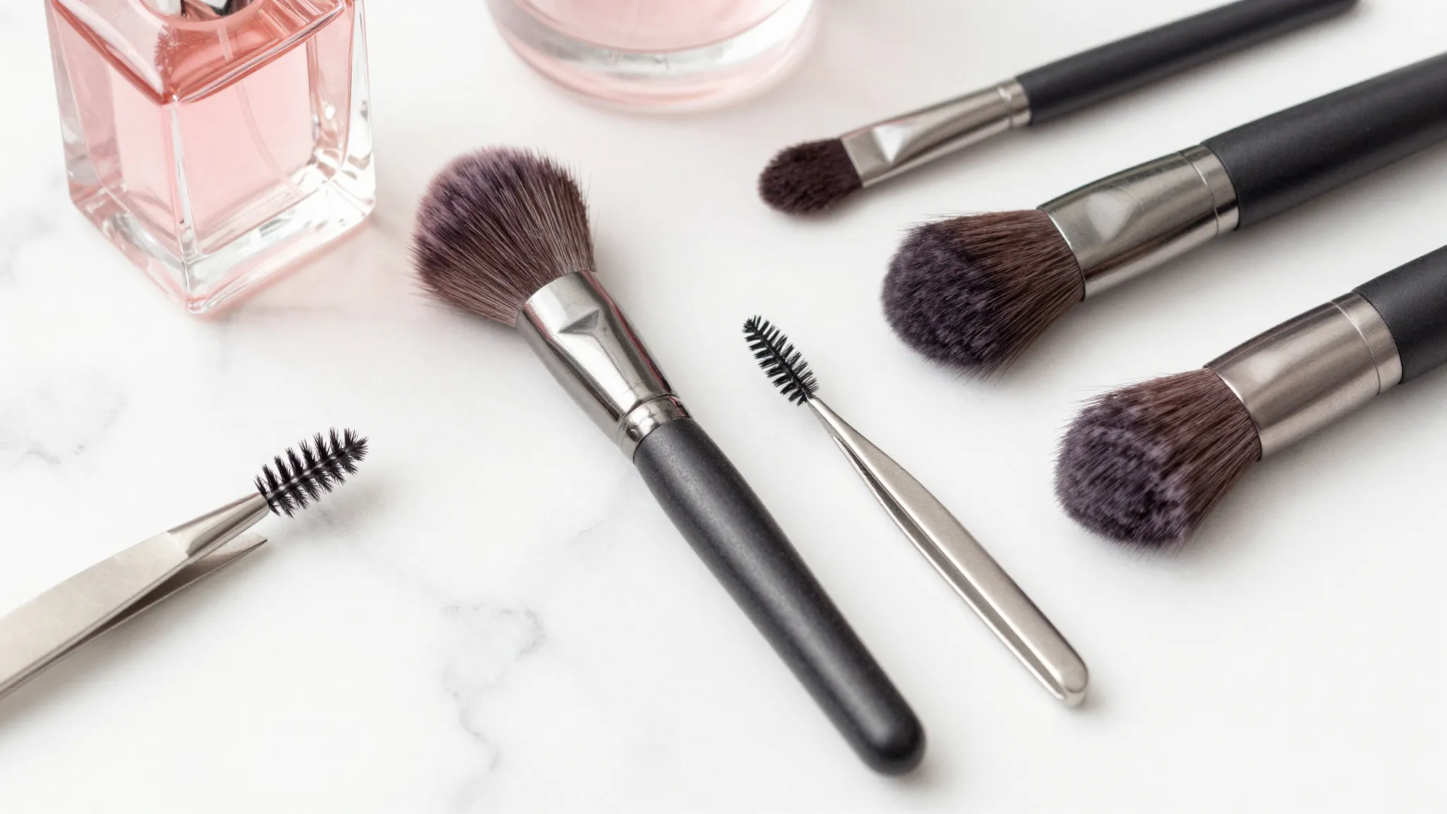 Watercolor style. Aesthetic beauty salon tools on a marble s...