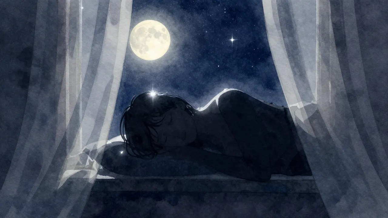 Watercolor style. Silhouette of a sleeping figure by a windo...