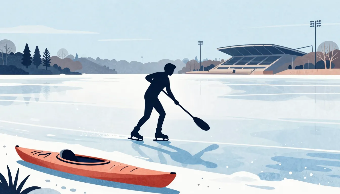 Watercolor style. A silhouette of a person skating on a froz...