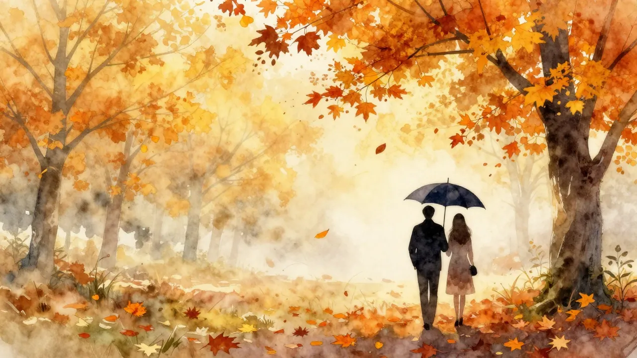Watercolor style. Autumn landscape, falling leaves, silhouet...