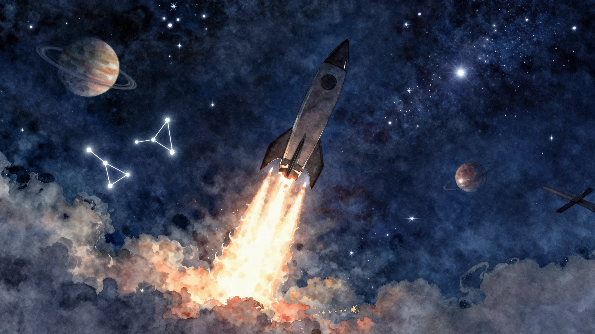 Watercolor style. A silhouette of a rocket launching into a ...