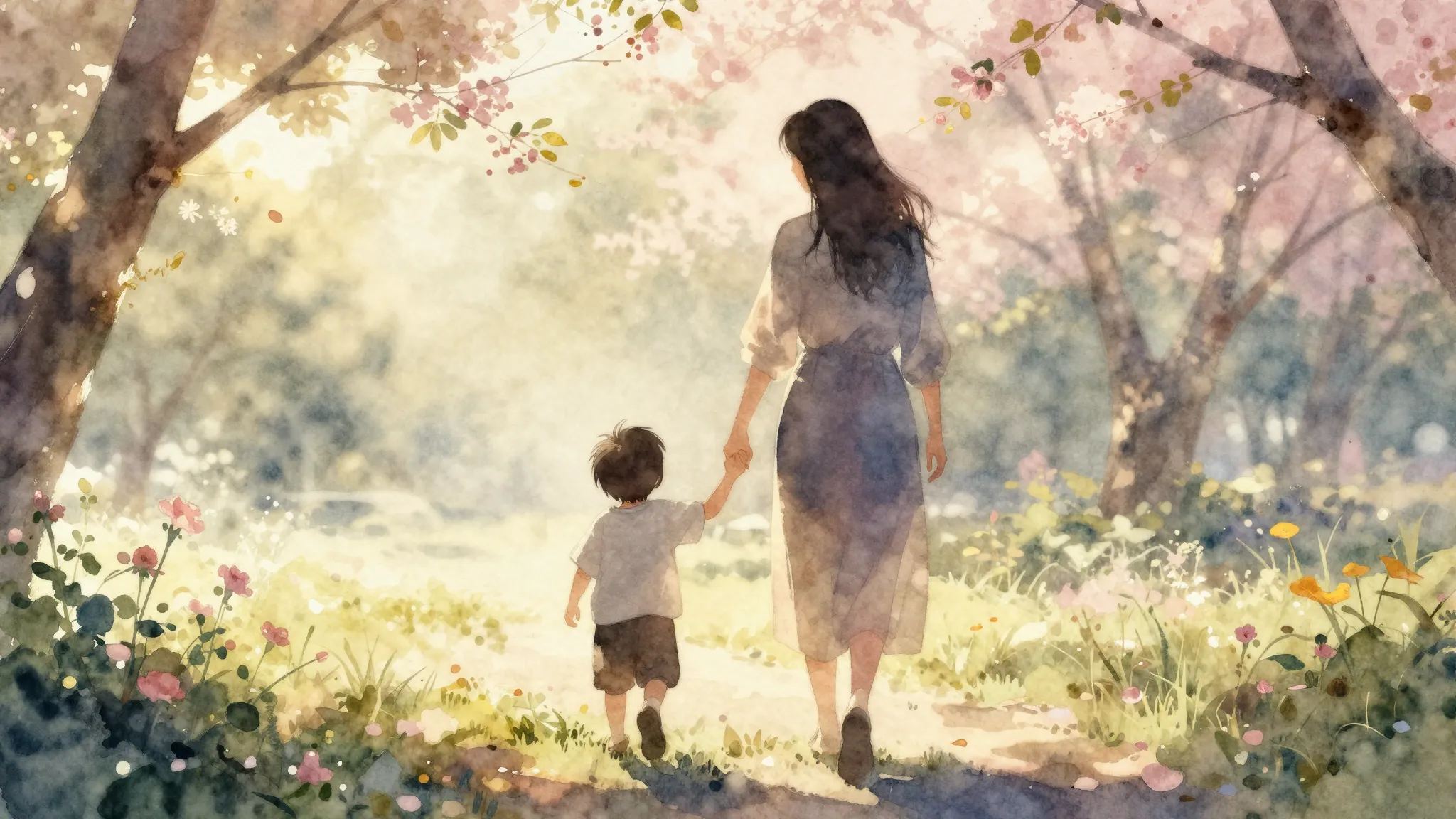 Watercolor style. A silhouette of a mother and child holding...
