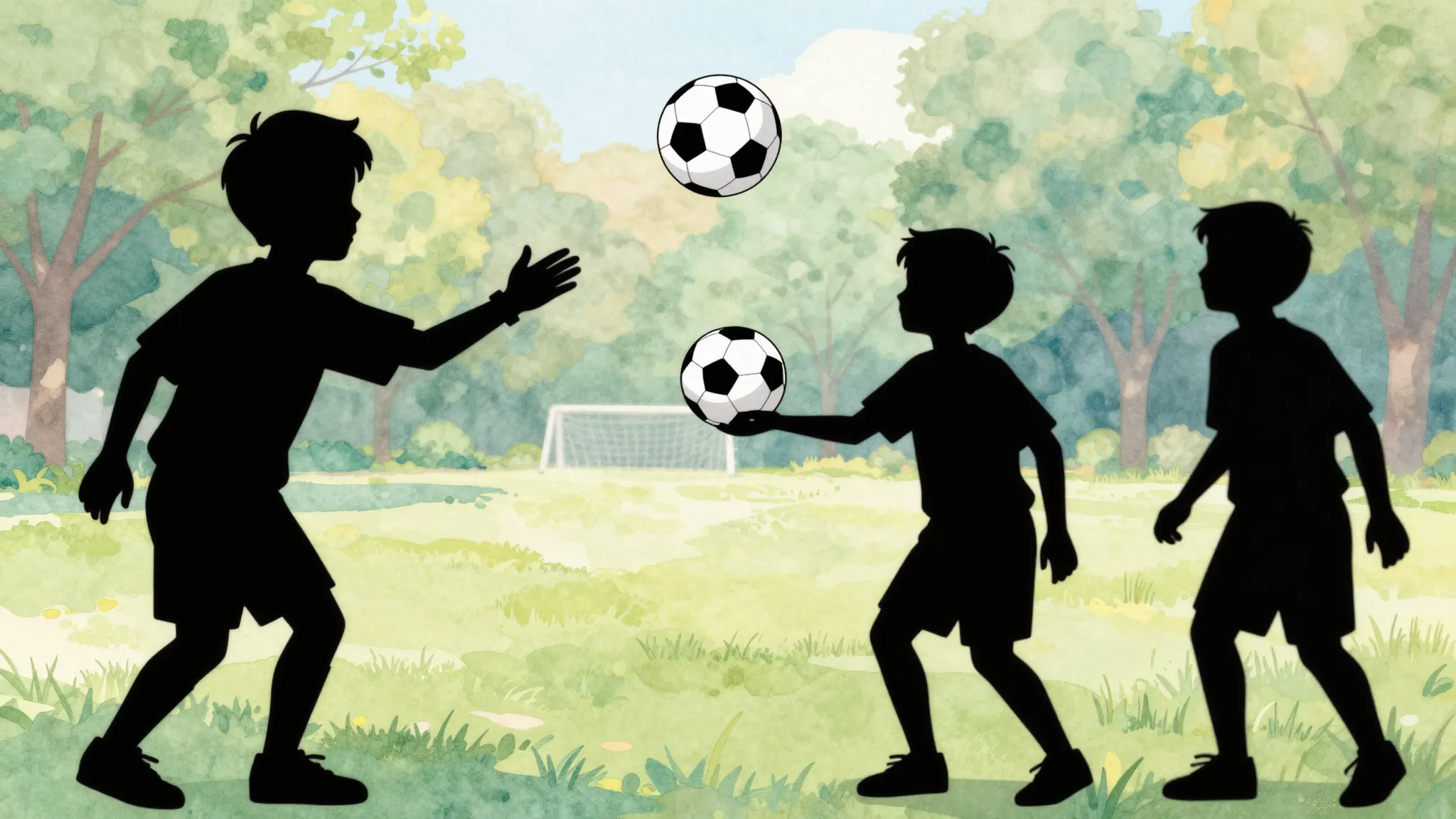 Watercolor style. Silhouette of a boy acting as a referee be...