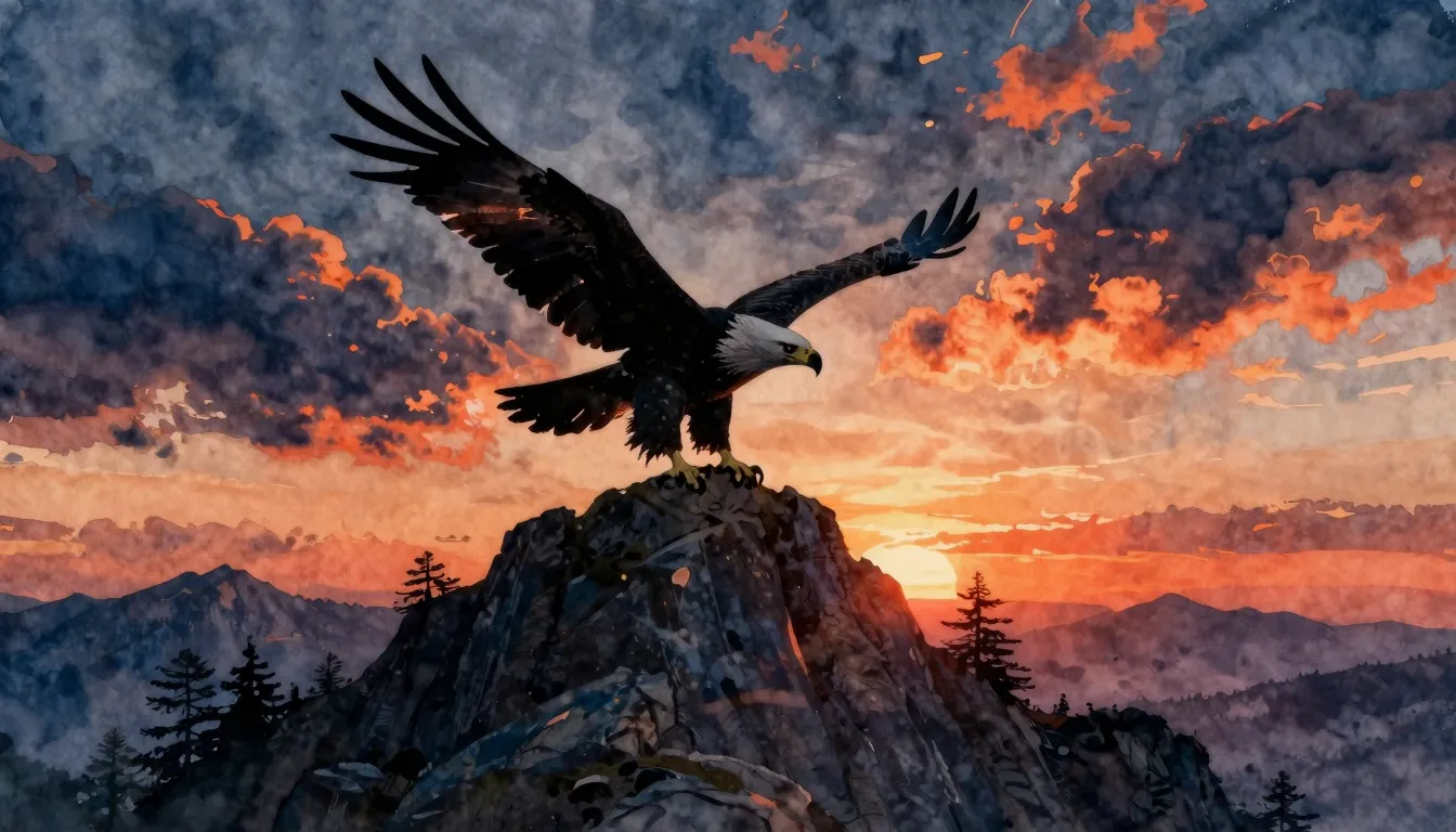 Watercolor style. A silhouette of an eagle soaring above a r...