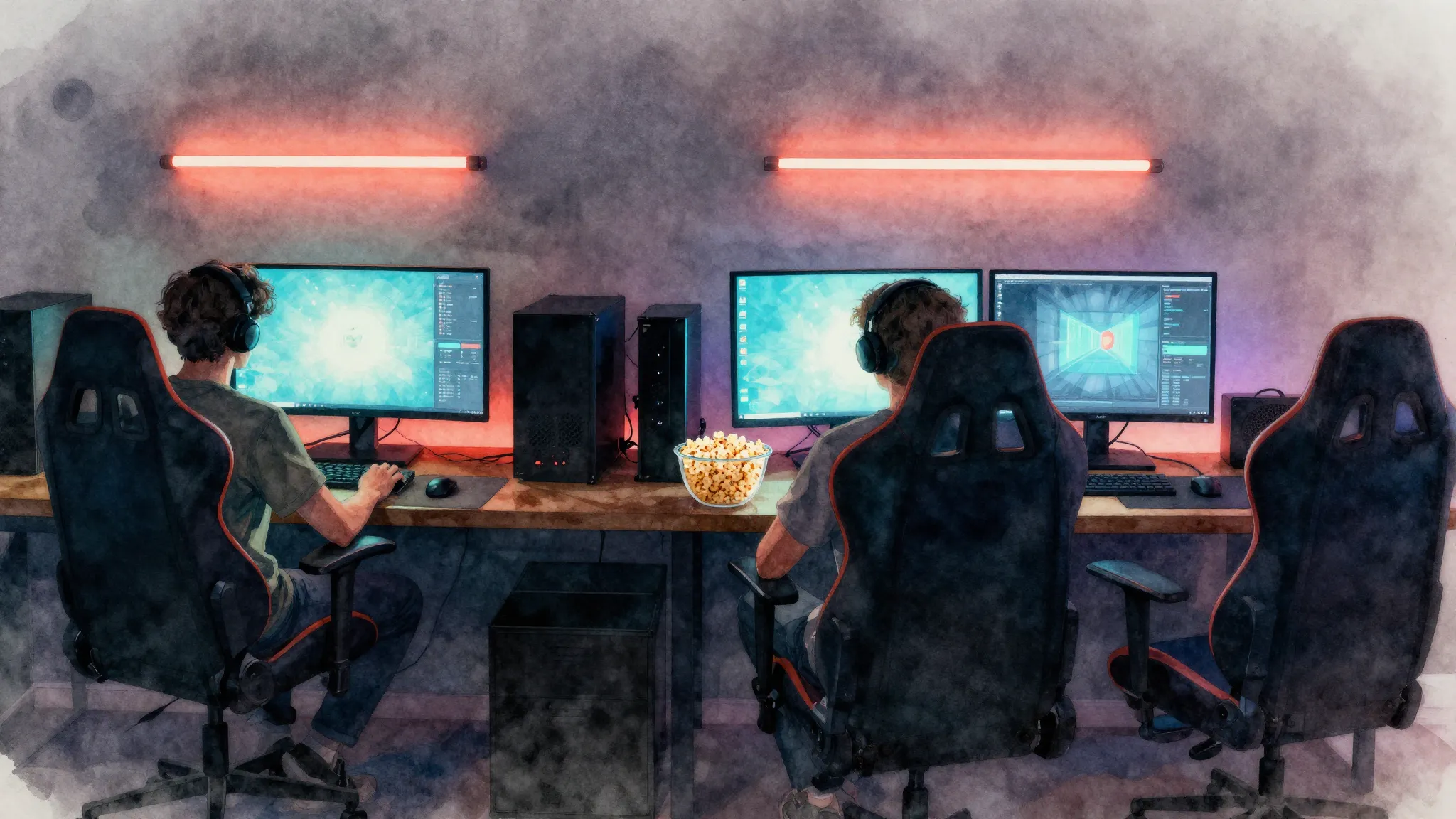 Watercolor style. A cozy room with two glowing computer moni...