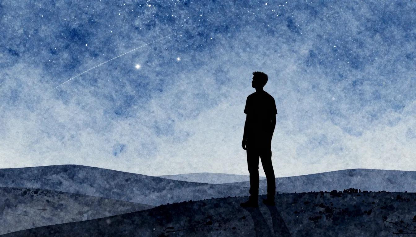 Watercolor style. A silhouette of a man standing on a hill, ...