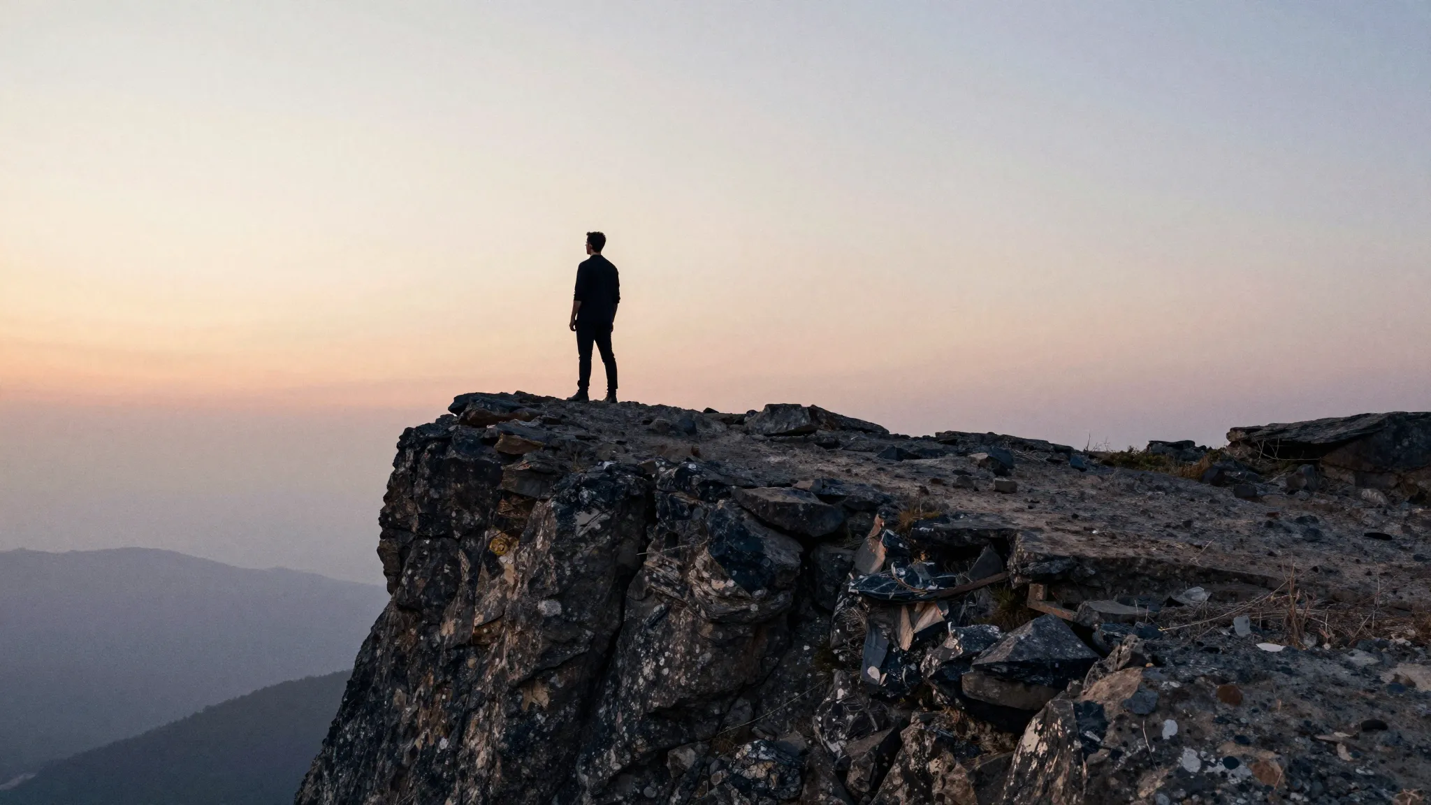 Watercolor style. Silhouette of a lone man standing on a hig...