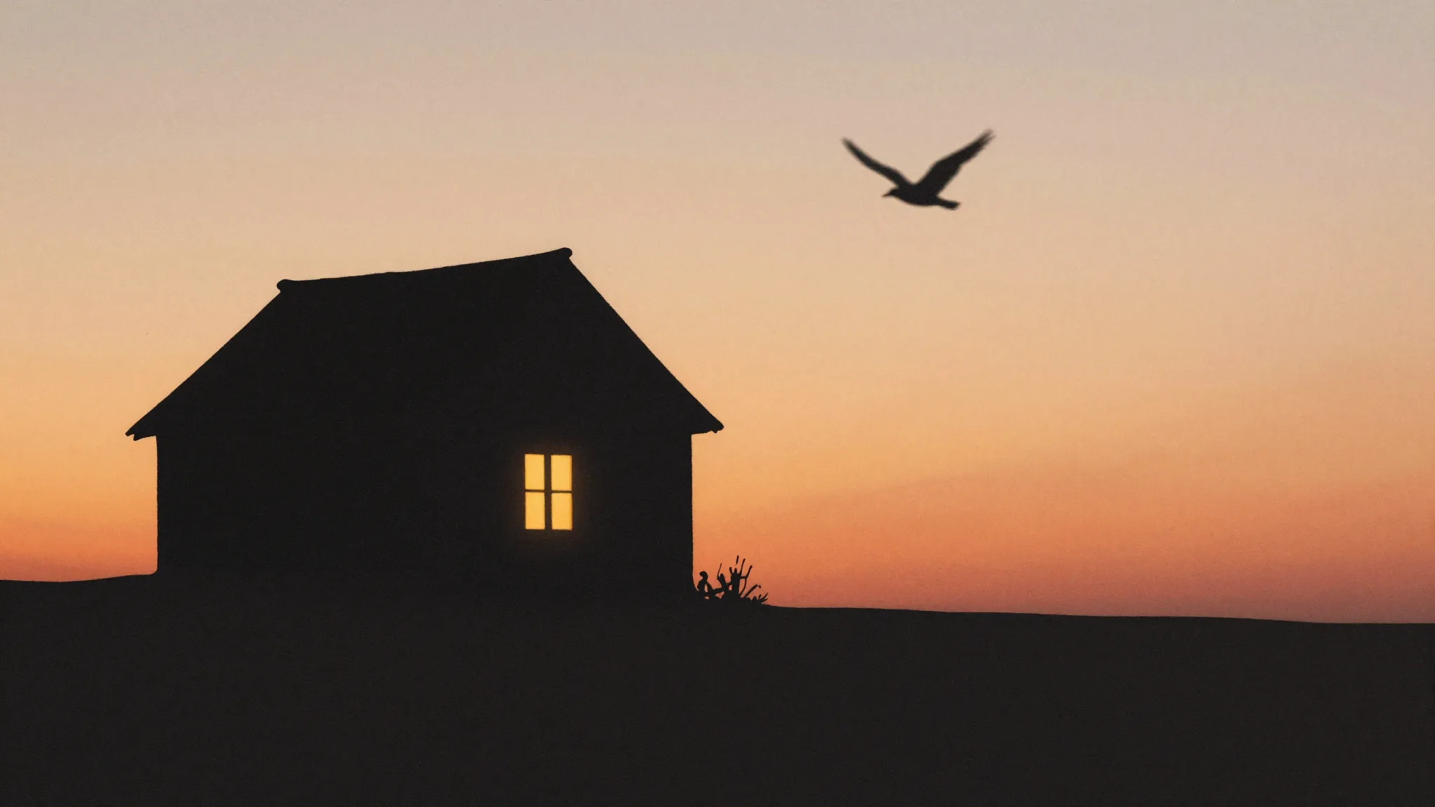 Watercolor style. A silhouette of an old house at sunset, wi...