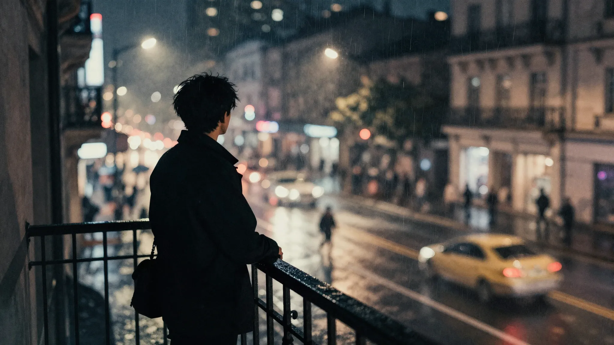 Watercolor style. A dark silhouette of a person standing alo...