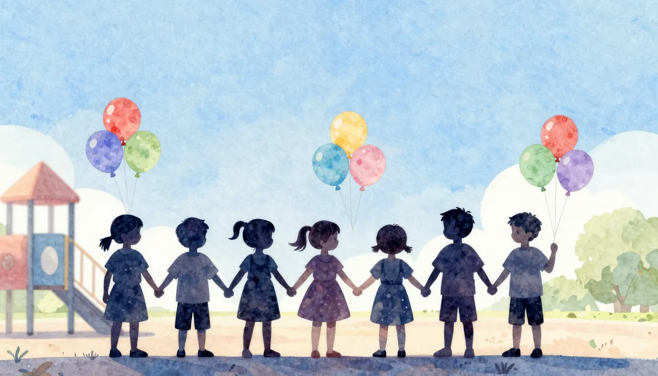 Watercolor style. Silhouettes of small children holding hand...