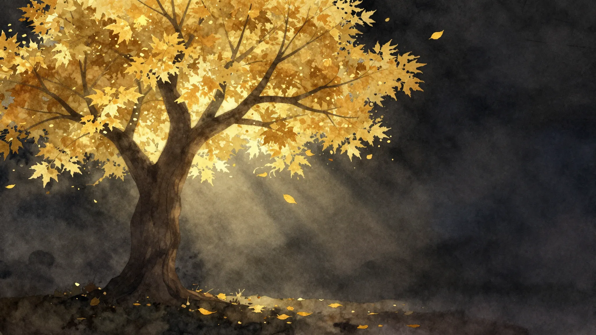 Watercolor style. Silhouette of a graceful tree with 70 gold...