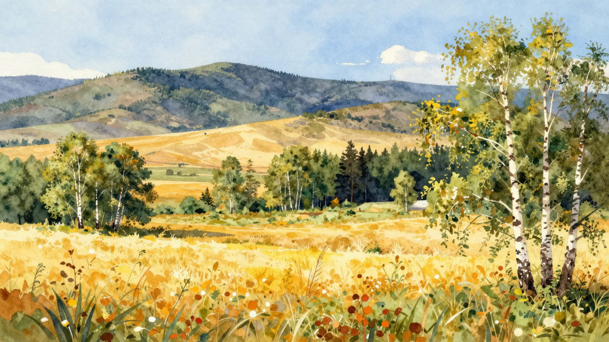 Vibrant watercolor style. Folk song album cover: vast Russia...