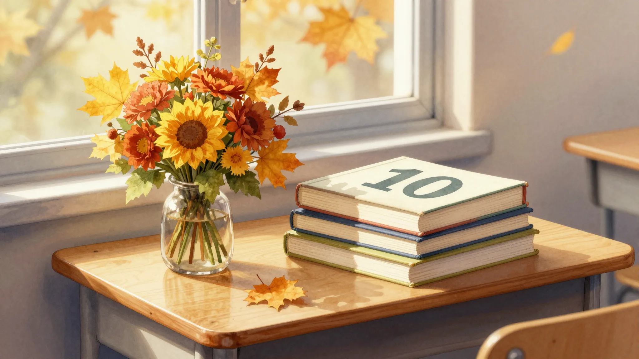 Watercolor style. A cozy autumn classroom scene, a stack of ...