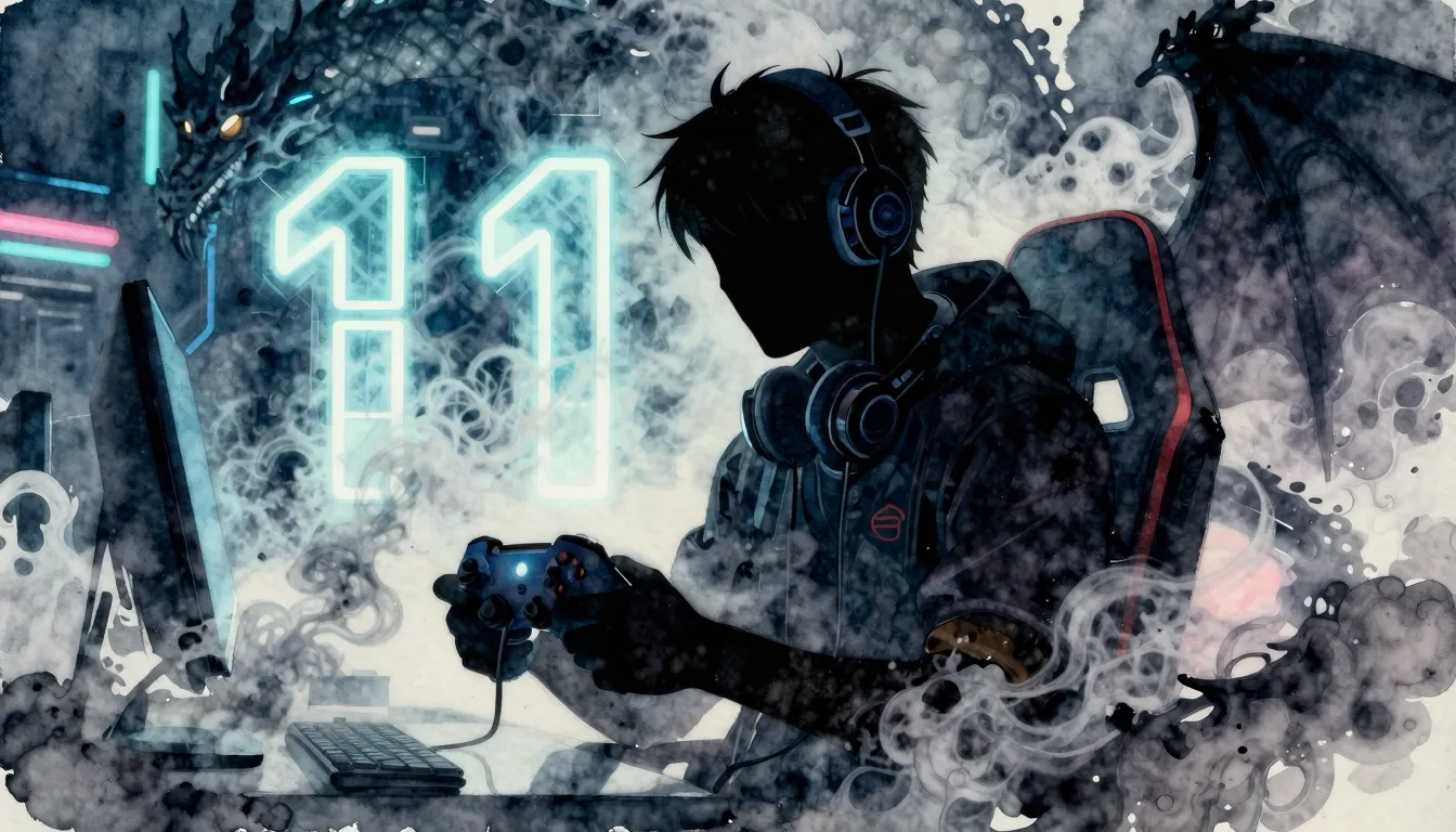 Watercolor style. Dark silhouette of a gamer holding a contr...