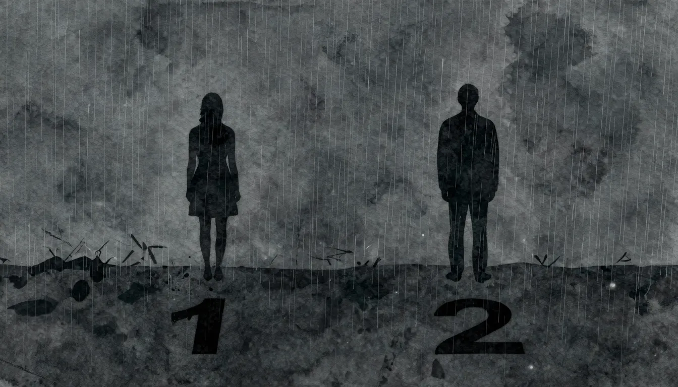 Watercolor style. Dark silhouette of two figures standing fa...