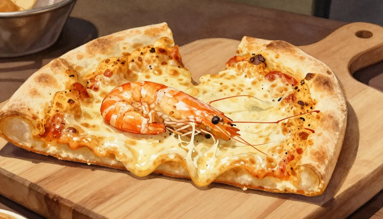 Watercolor style. Close-up of a pizza slice with a large kin...