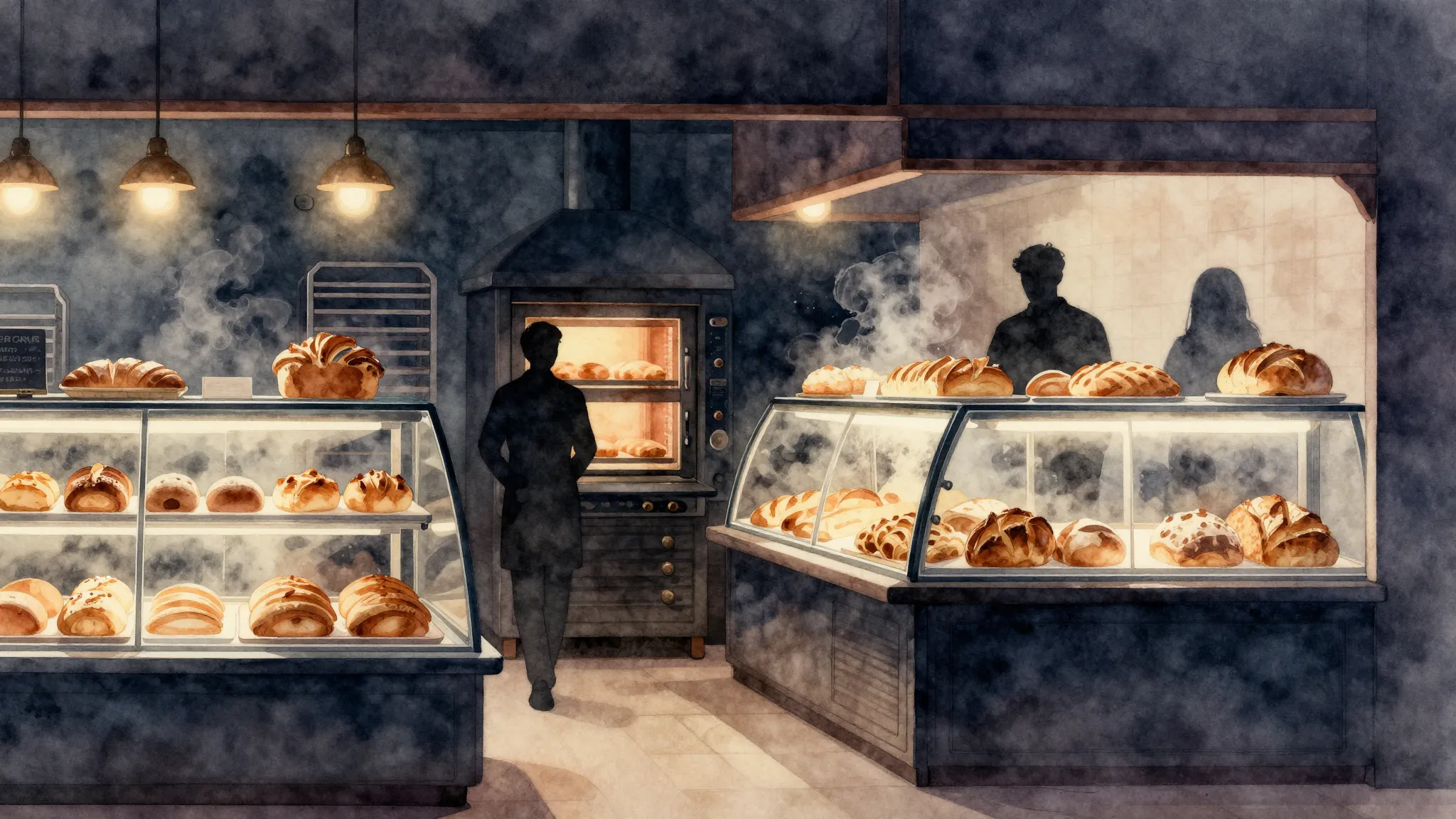 Watercolor style. Silhouettes of a bakery interior, ovens, b...