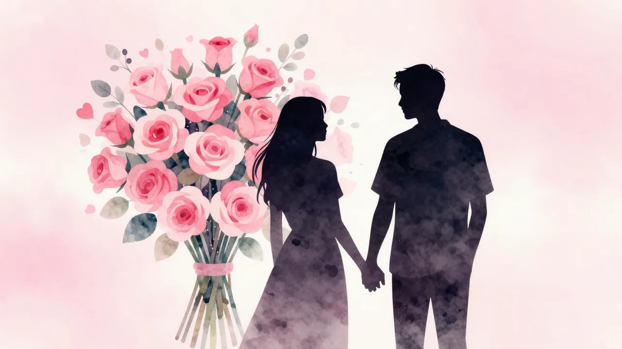 Watercolor style. A silhouette of a couple holding hands nea...