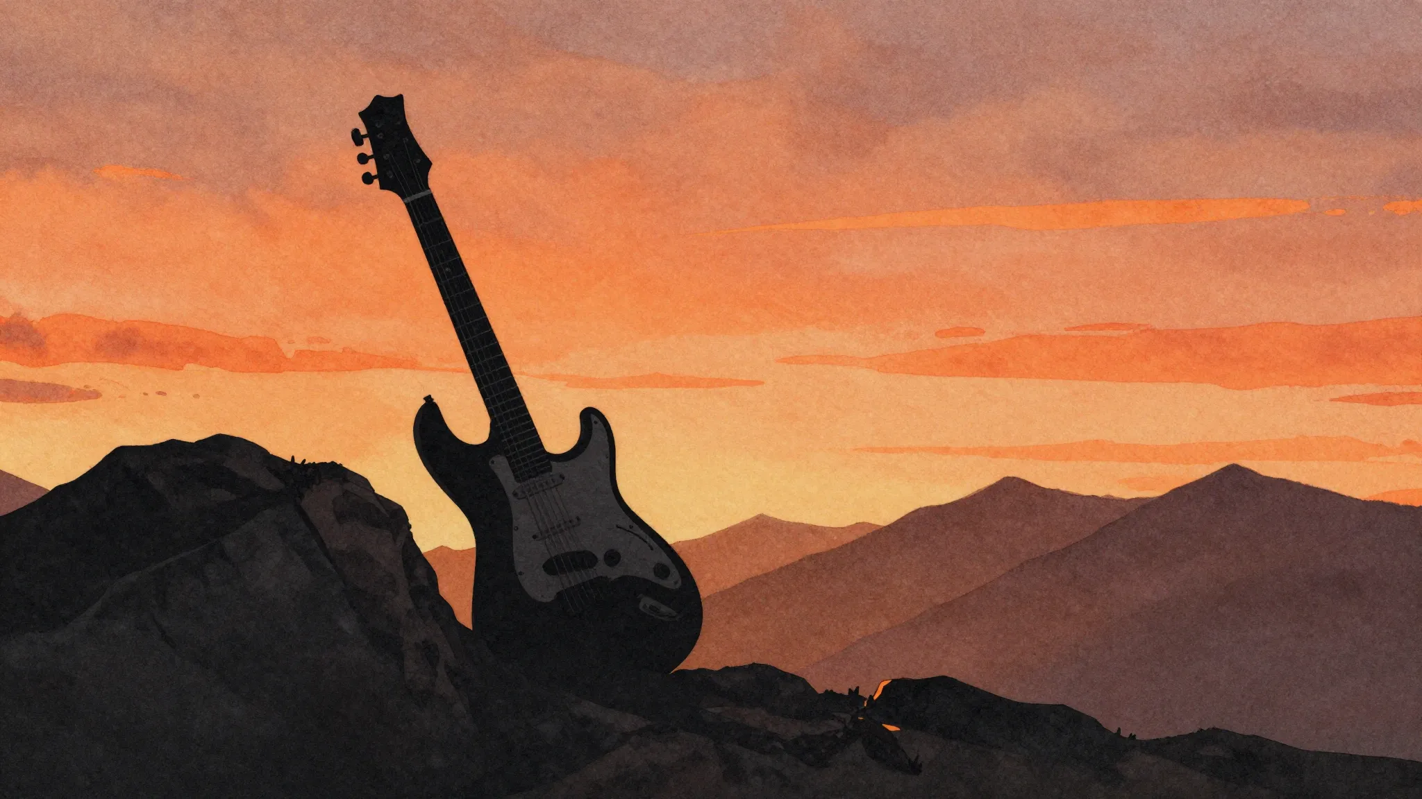 Watercolor style. Silhouette of a mountain range at sunset, ...