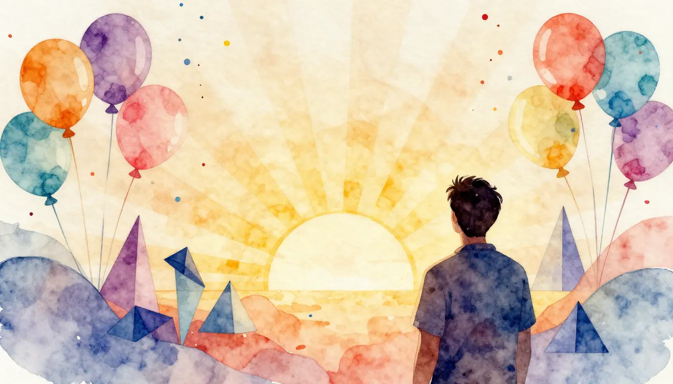 Watercolor style. Festive atmosphere, bright balloons, confe...