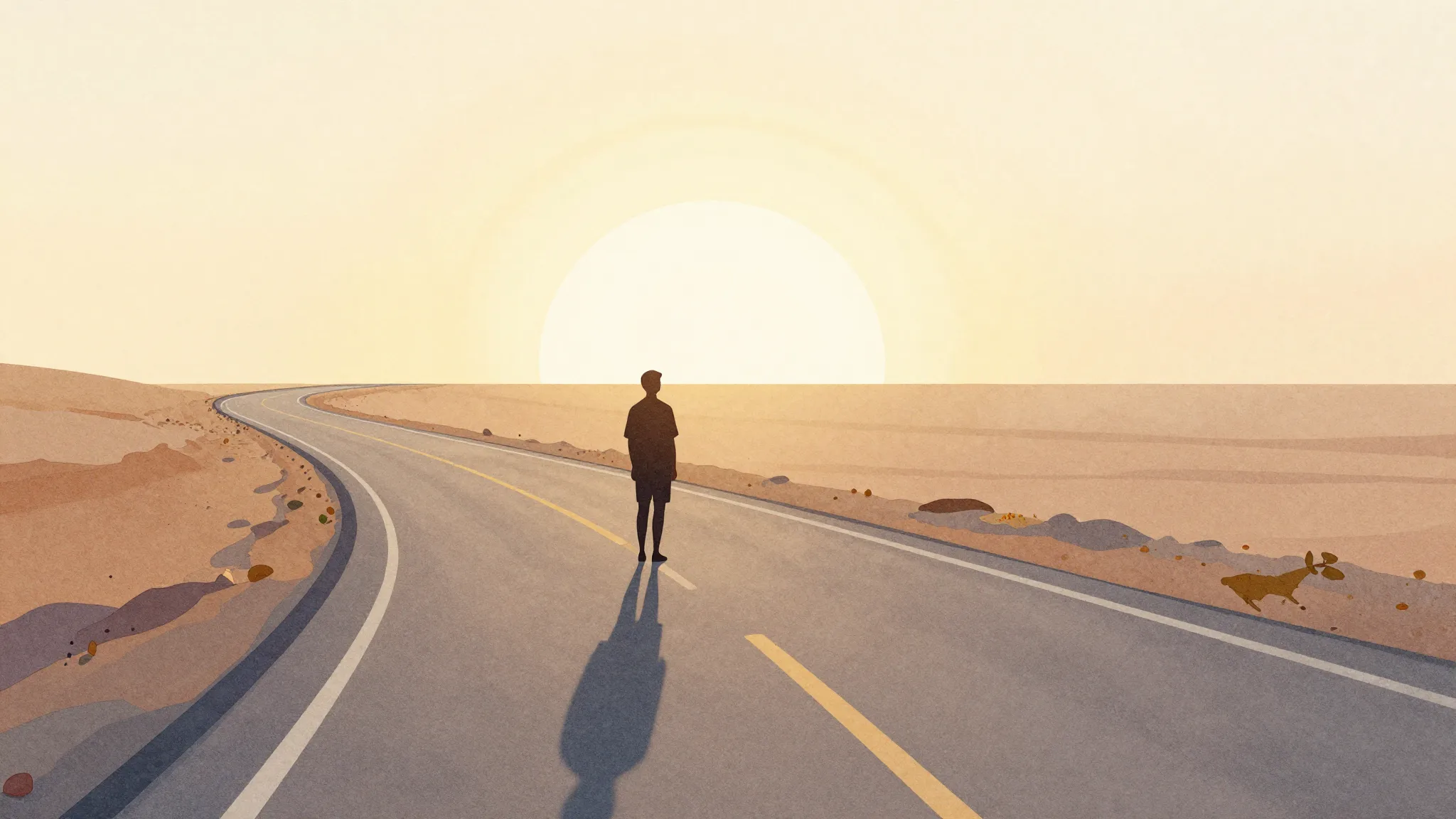 Watercolor style. A silhouette of a person standing on a lon...