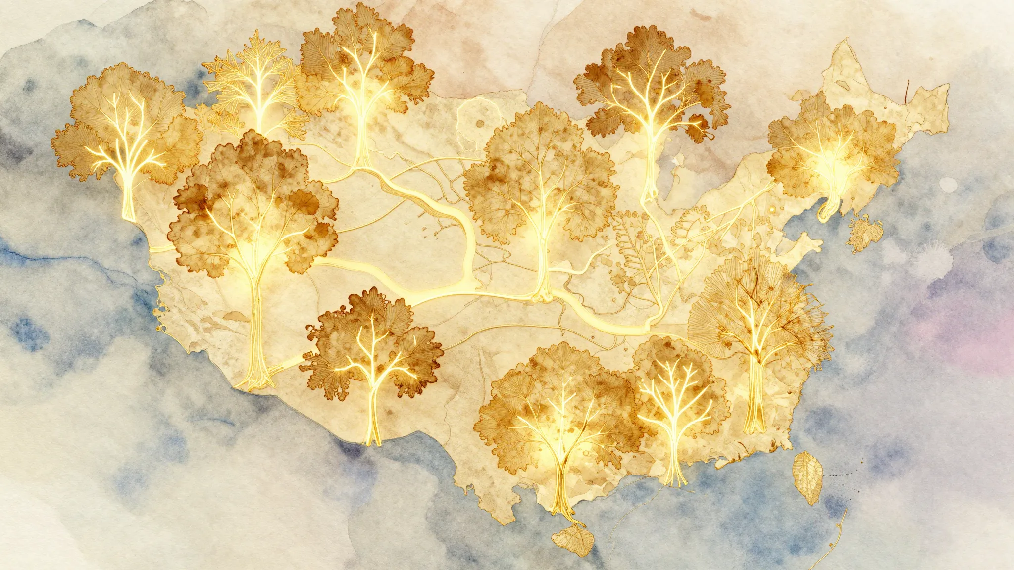 Watercolor style. A stylized map made of golden threads and ...