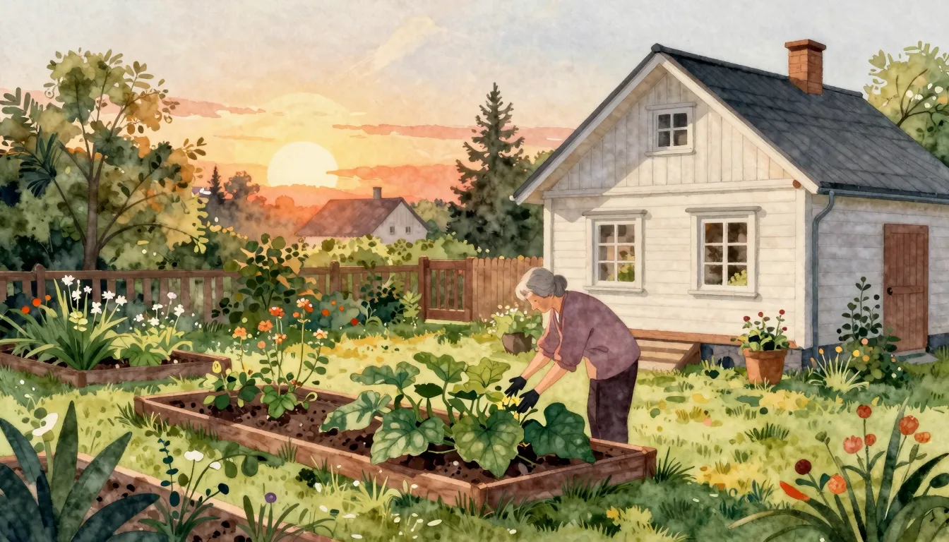 Watercolor style. A cozy summer dacha garden at sunset, silh...