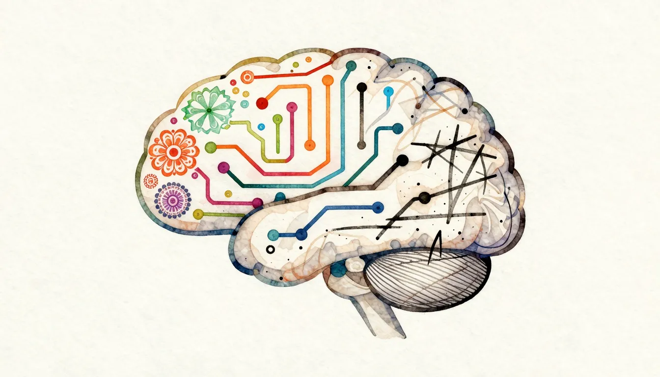 Watercolor style. A stylized, minimalist brain made of inter...