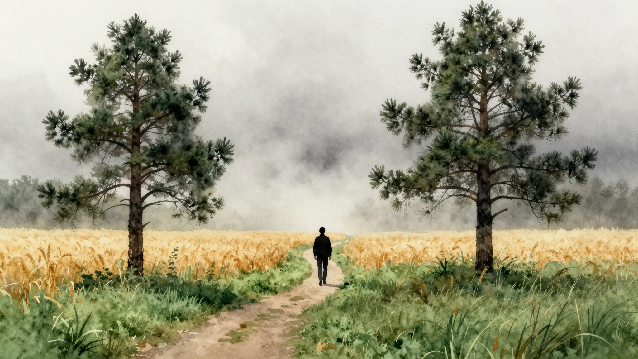 Watercolor style. Silhouette of a lonely wanderer on a narro...