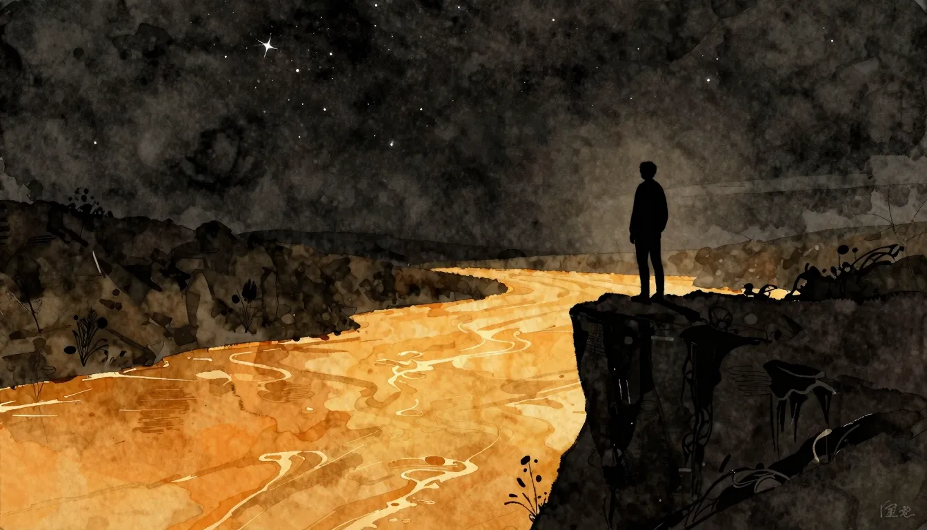 Watercolor style. A dark silhouette of a person standing on ...