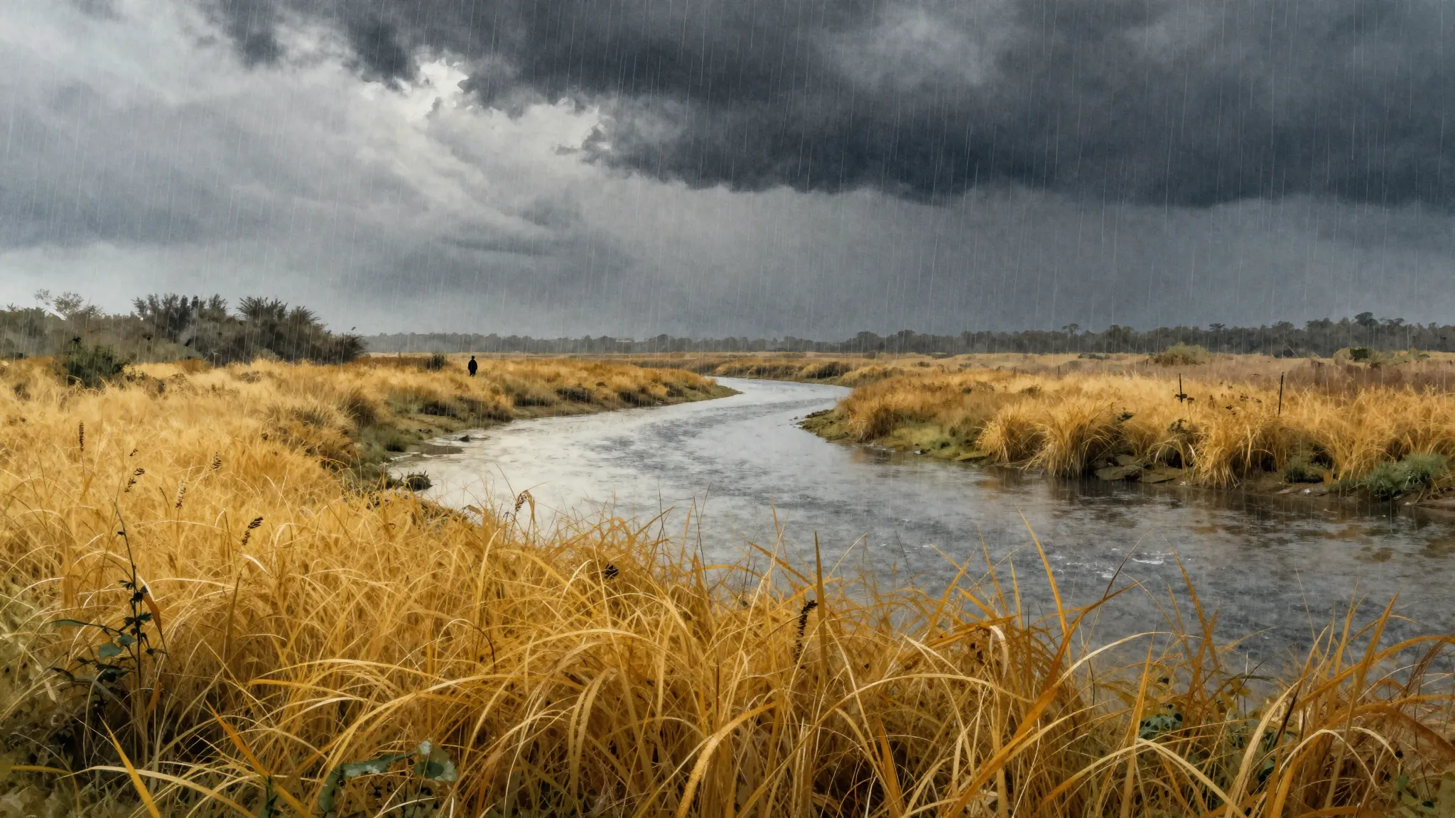 Watercolor style. Golden river shores, tall grass, heavy rai...