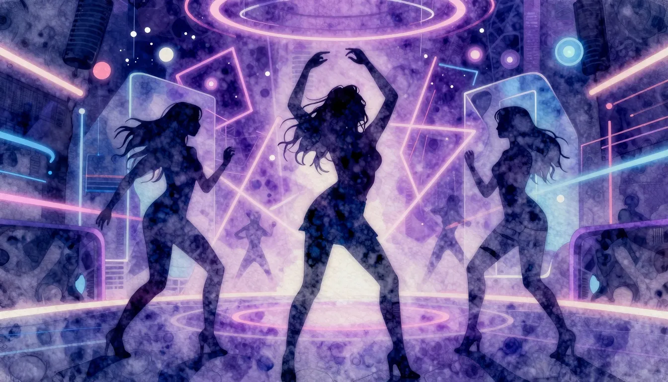 Watercolor style. Three silhouettes of women dancing in a vi...