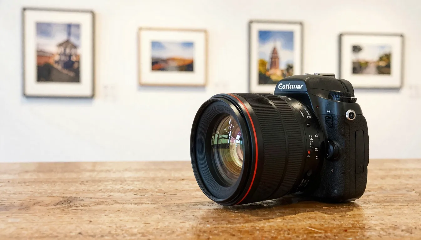 Watercolor style. Close-up of a professional camera lens on ...