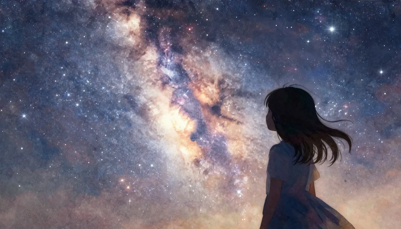 Watercolor style. Silhouette of a young girl looking at a va...