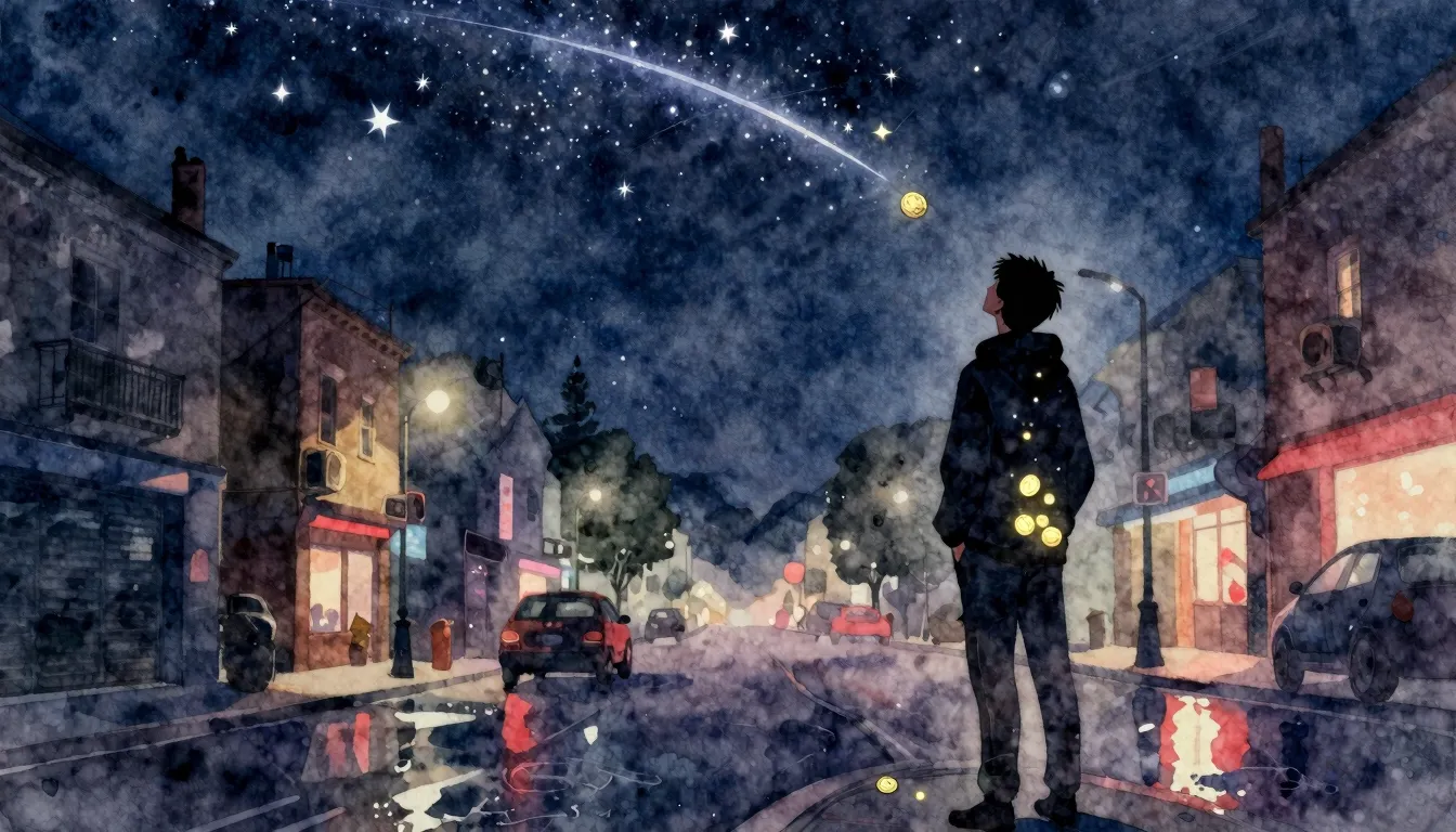 Watercolor style. Night city street, silhouette of a person ...