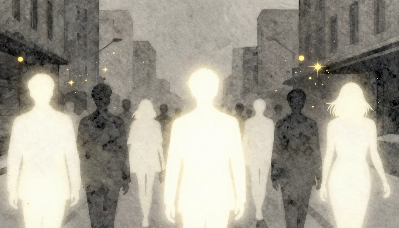 Watercolor style. Silhouettes of glowing figures in a gray u...