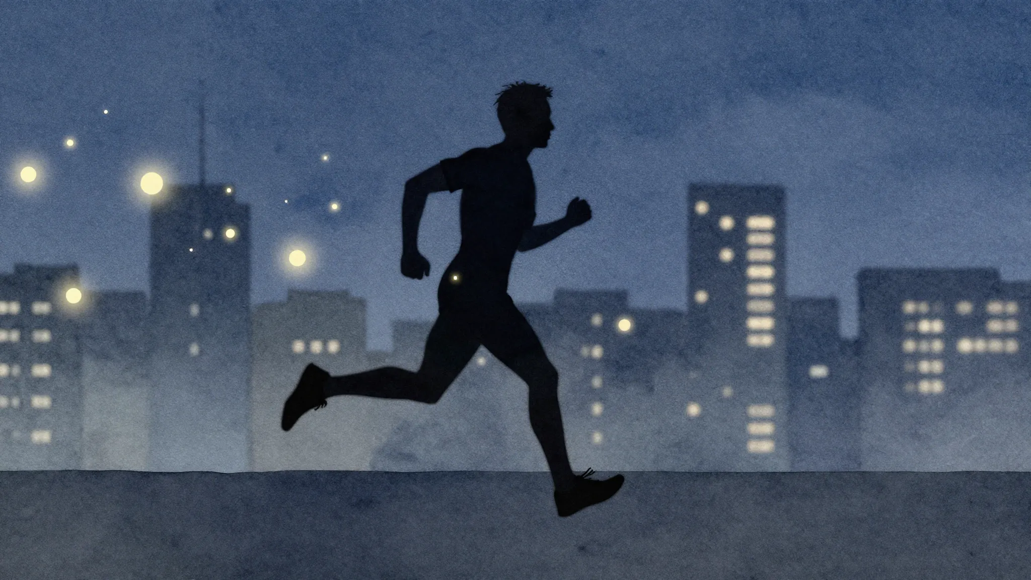 Watercolor style. A dark silhouette of a person running thro...