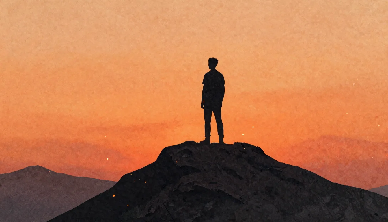 Watercolor style. A dark silhouette of a person standing on ...