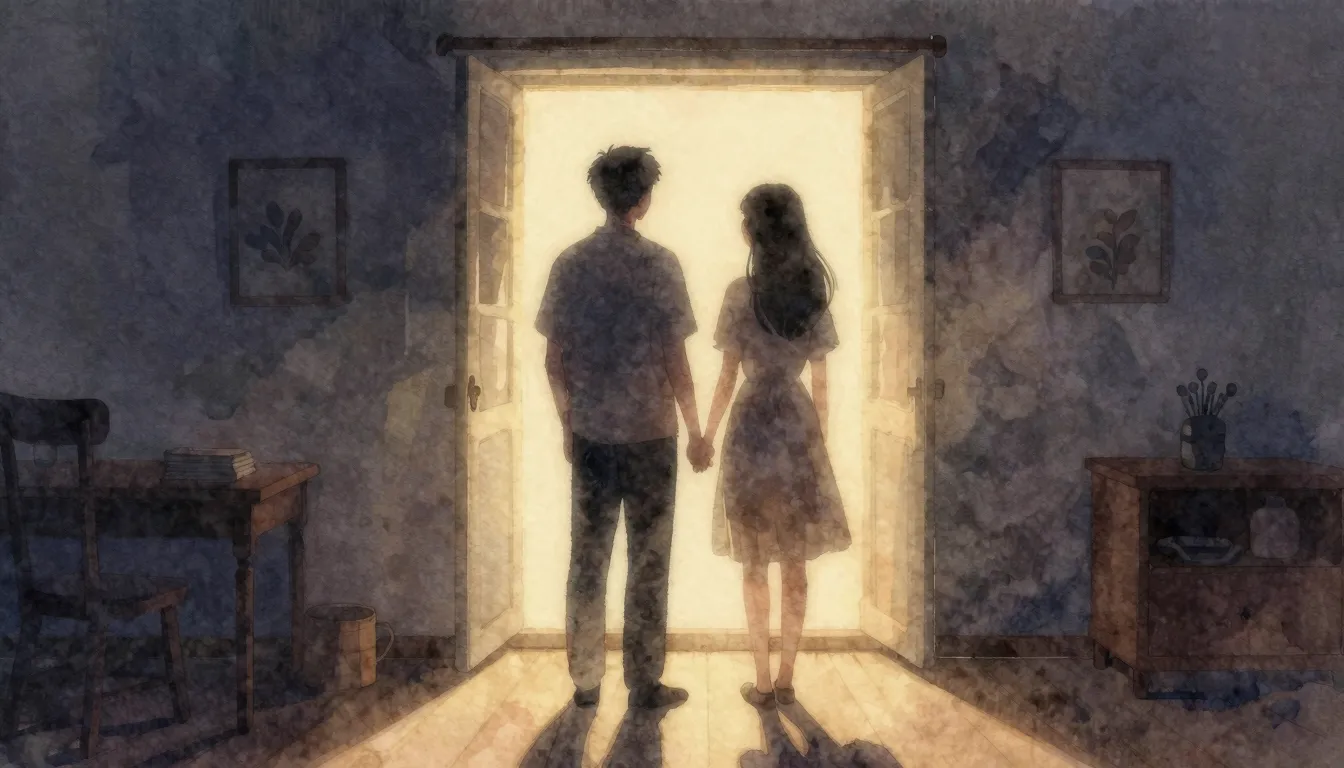 Watercolor style. A warm glowing light illuminating a dark r...