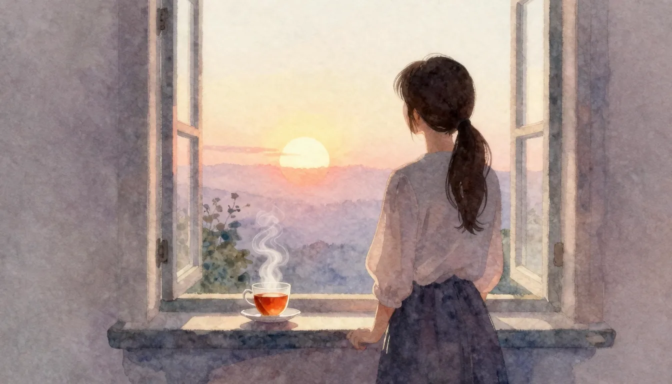 Watercolor style. A silhouette of a person stands by a windo...
