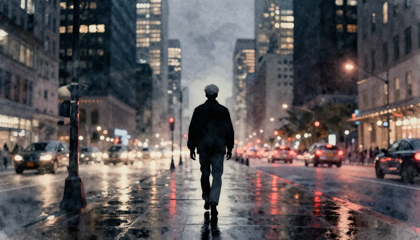 Watercolor style. A silhouette of a lone man walking on a we...