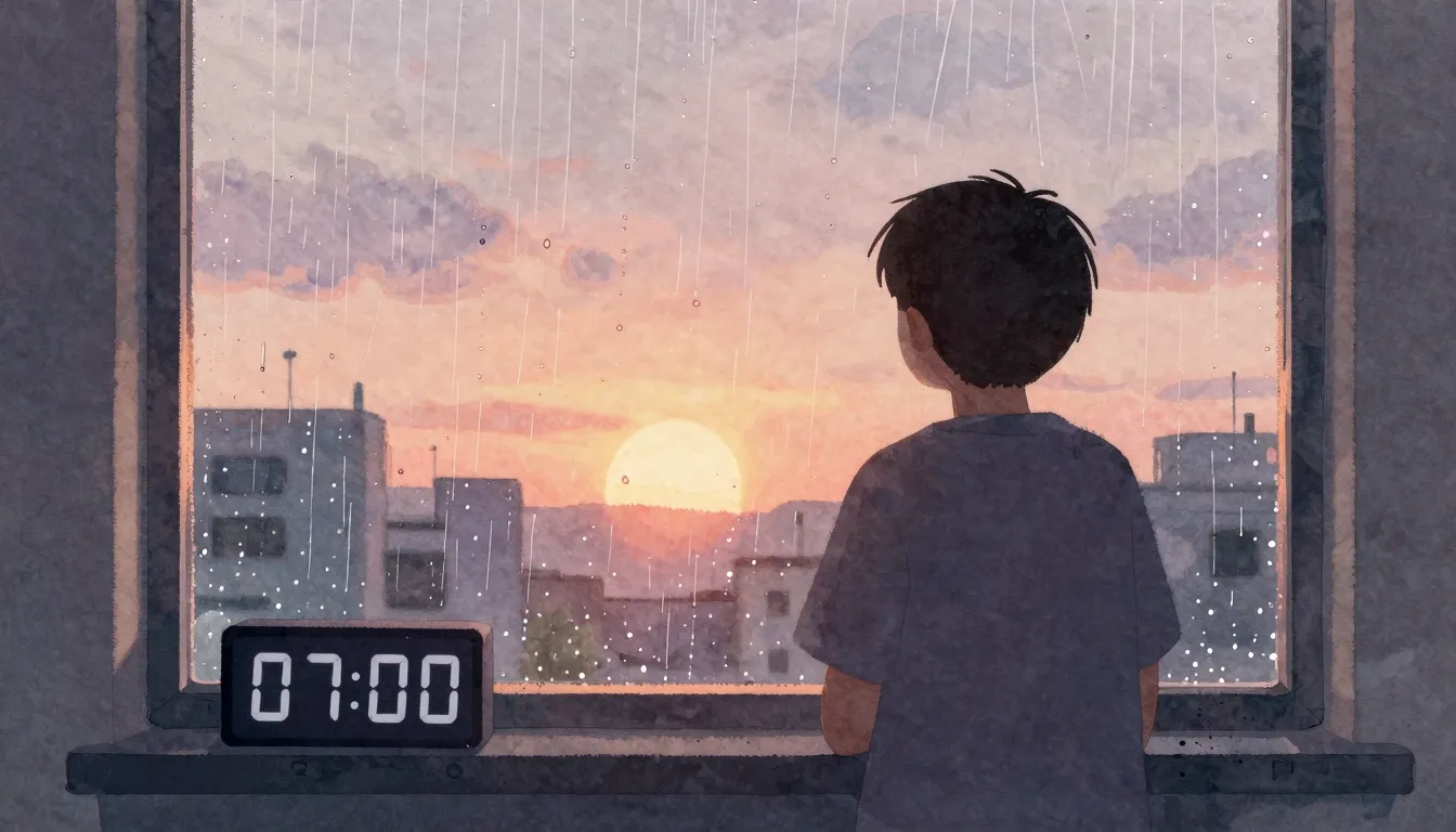 Watercolor style. Silhouette of a person looking out a rainy...