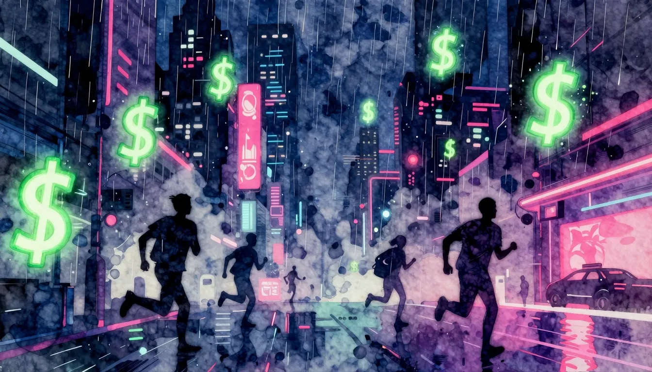 Vibrant watercolor style. Cyberpunk album cover, dark neon c...