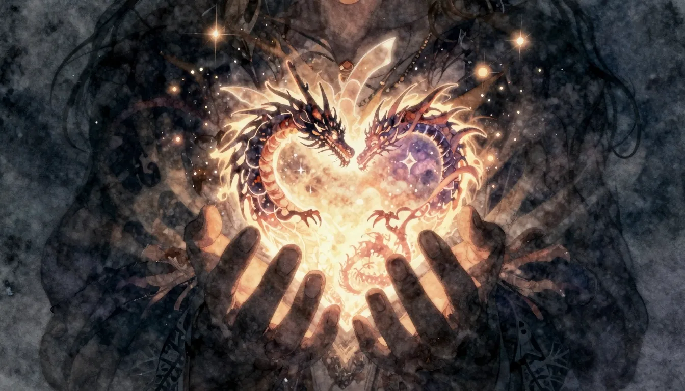Watercolor style. A glowing dragon heart held in silhouette ...