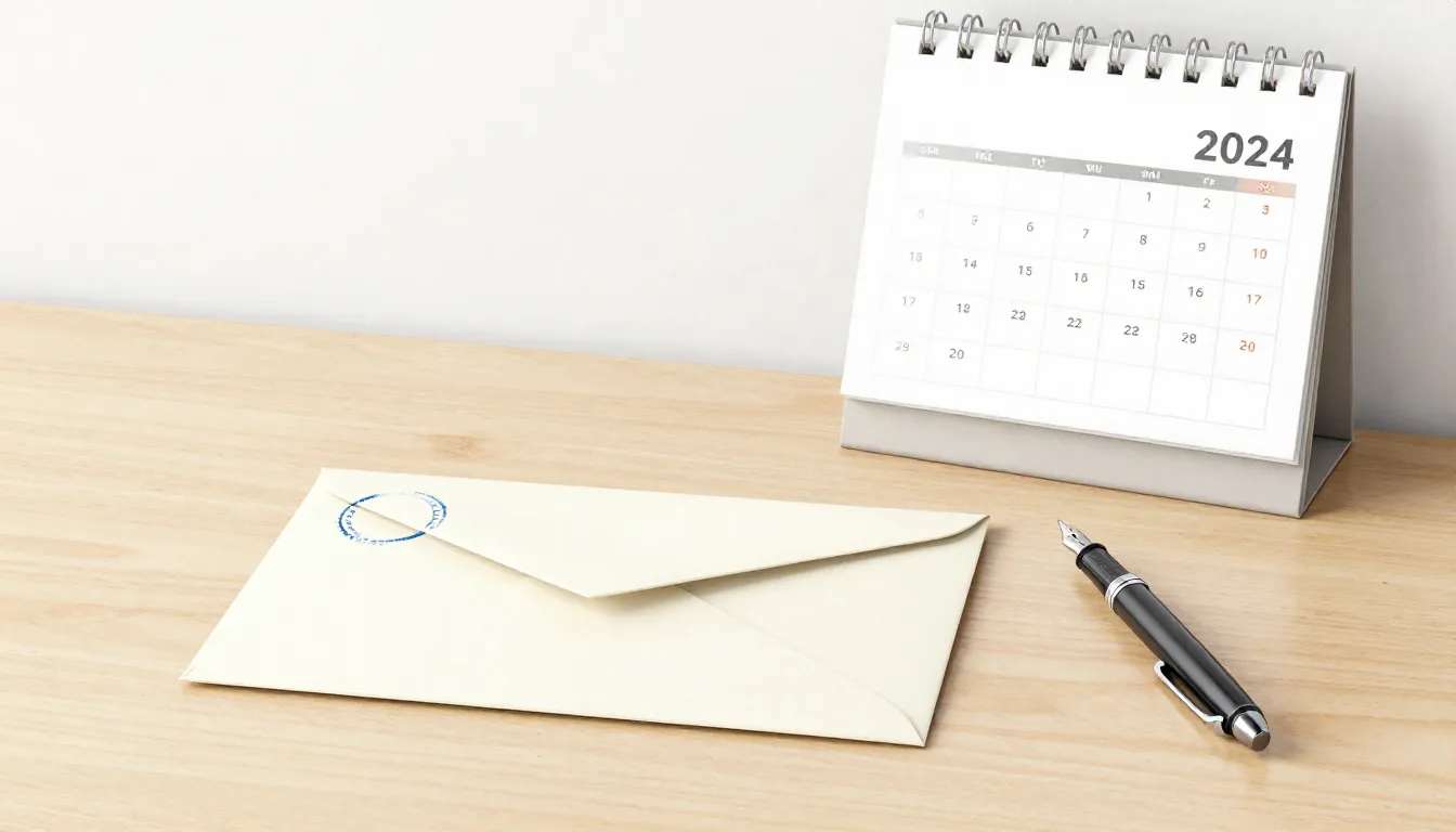 Watercolor style. Minimalist office desk, a sealed envelope ...