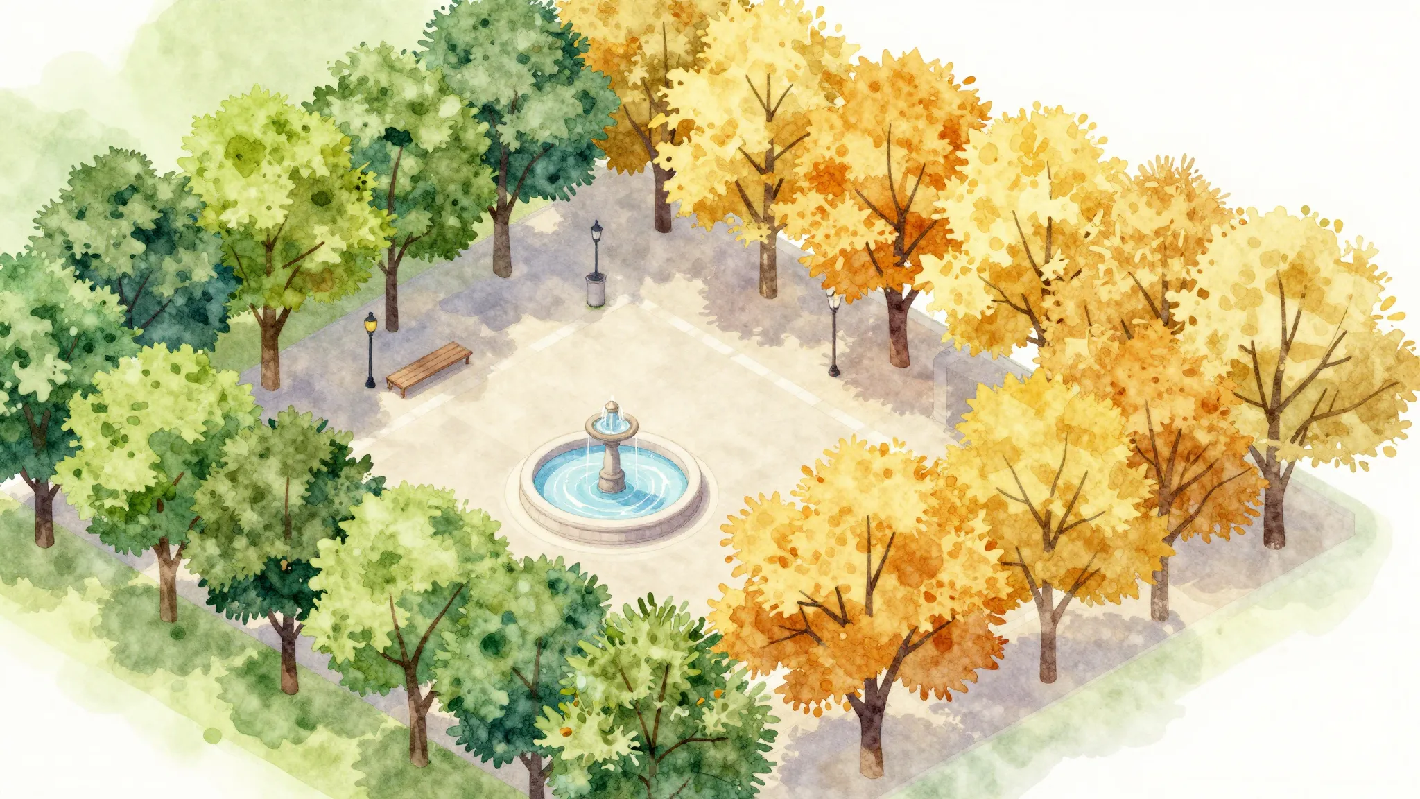 Watercolor style. An isometric view of a cozy town square wi...