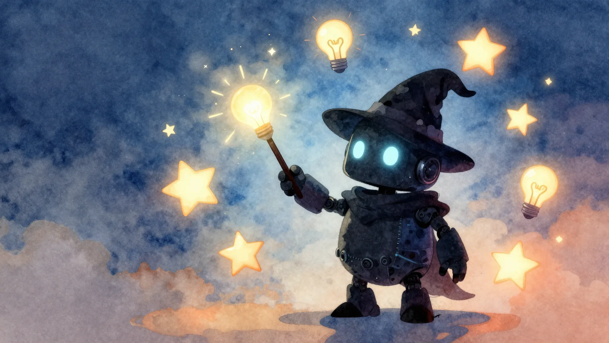 Watercolor style. A cute silhouette of a wizard robot holdin...