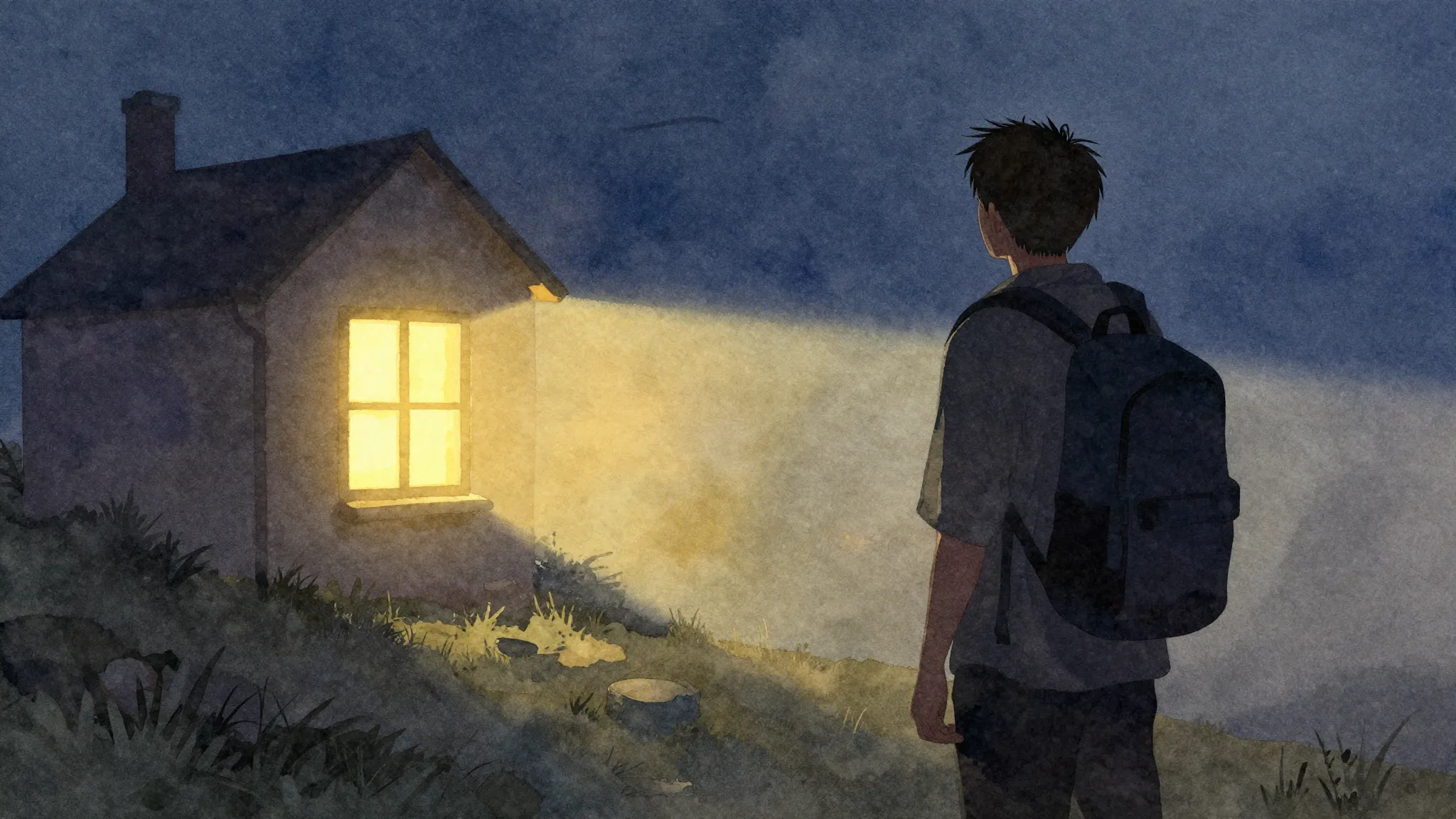 Watercolor style. Silhouette of a lonely traveler with a bag...