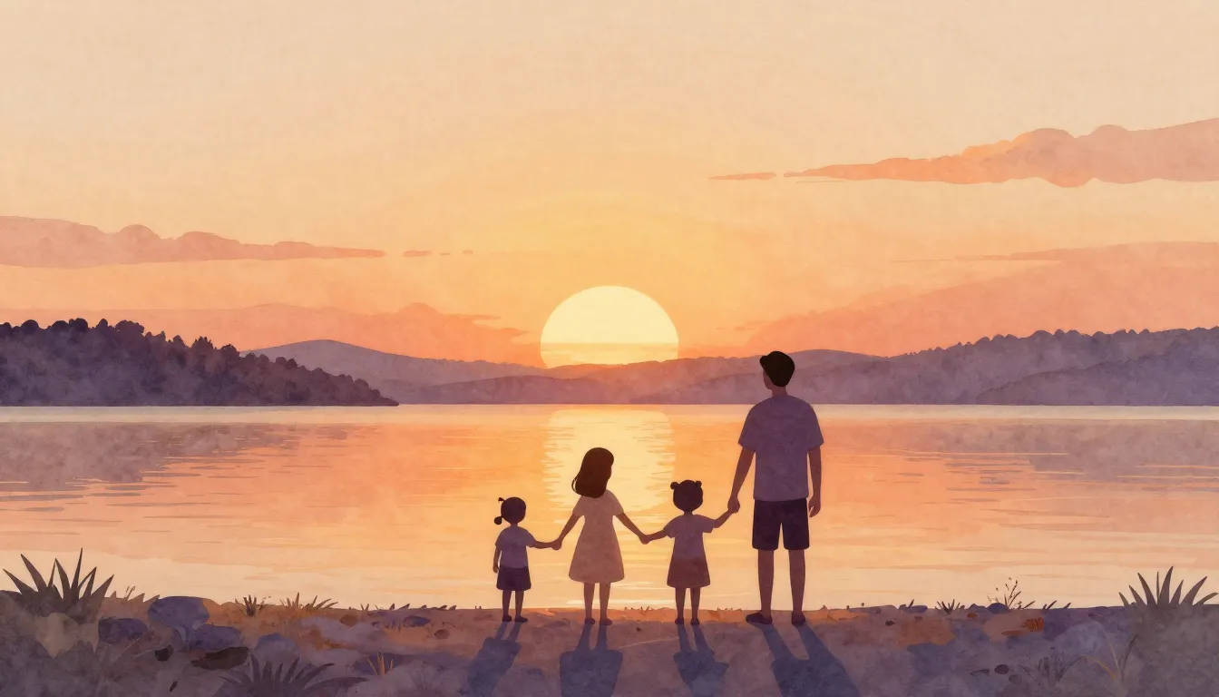 Watercolor style. Golden sunset over a calm lake, silhouette...